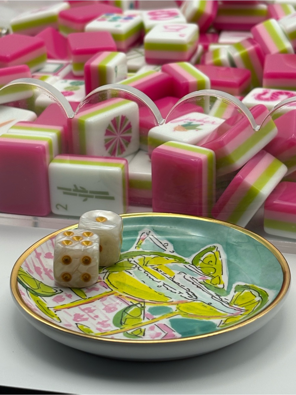 🌴 Lilly Pulitzer Pink and Green Citrus Lemon Limoncello Mahjong Tile Dice Dish